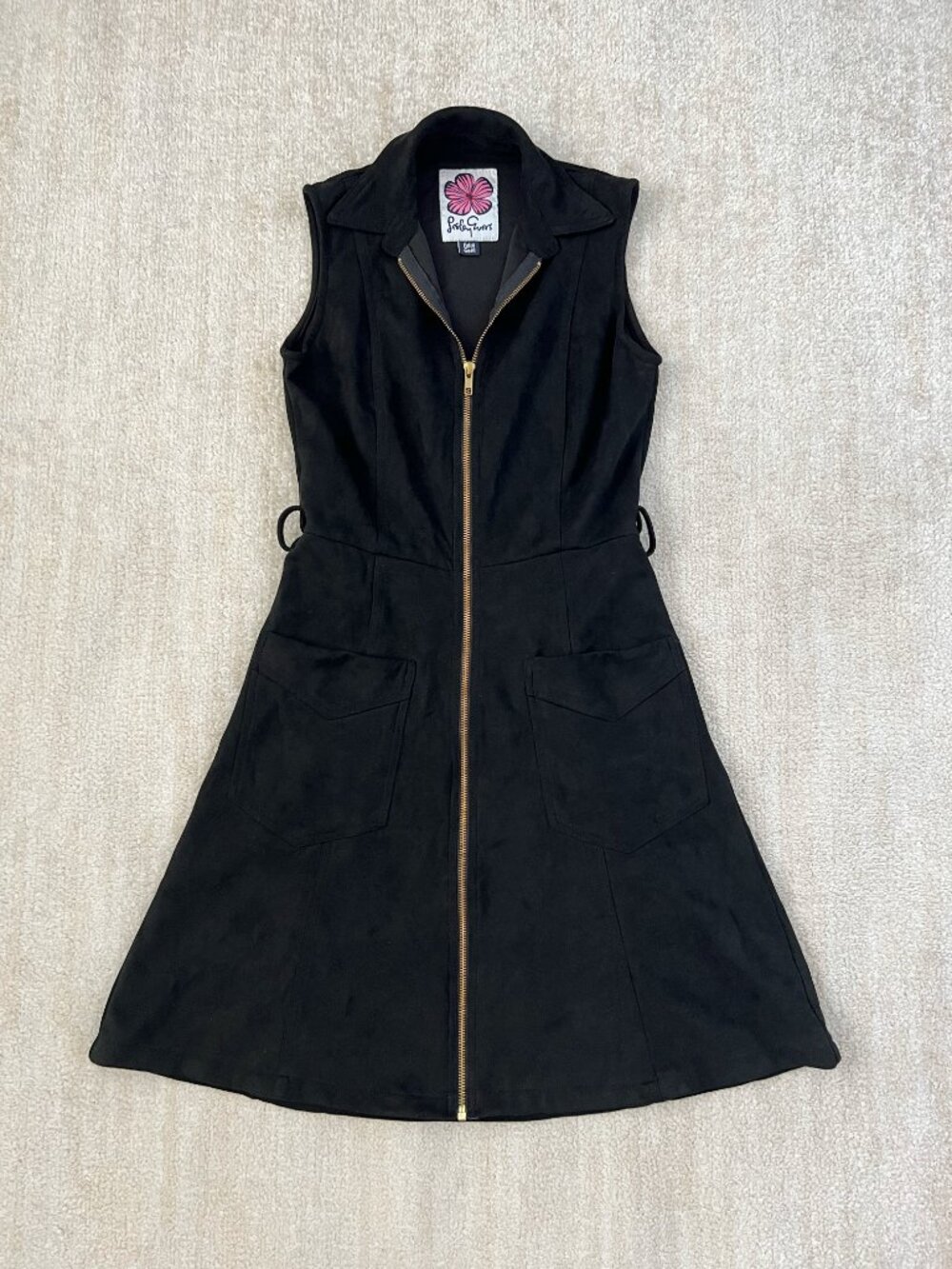 Lesley Evers Faux Suede Zip Front Black Sleeveless Dress XS